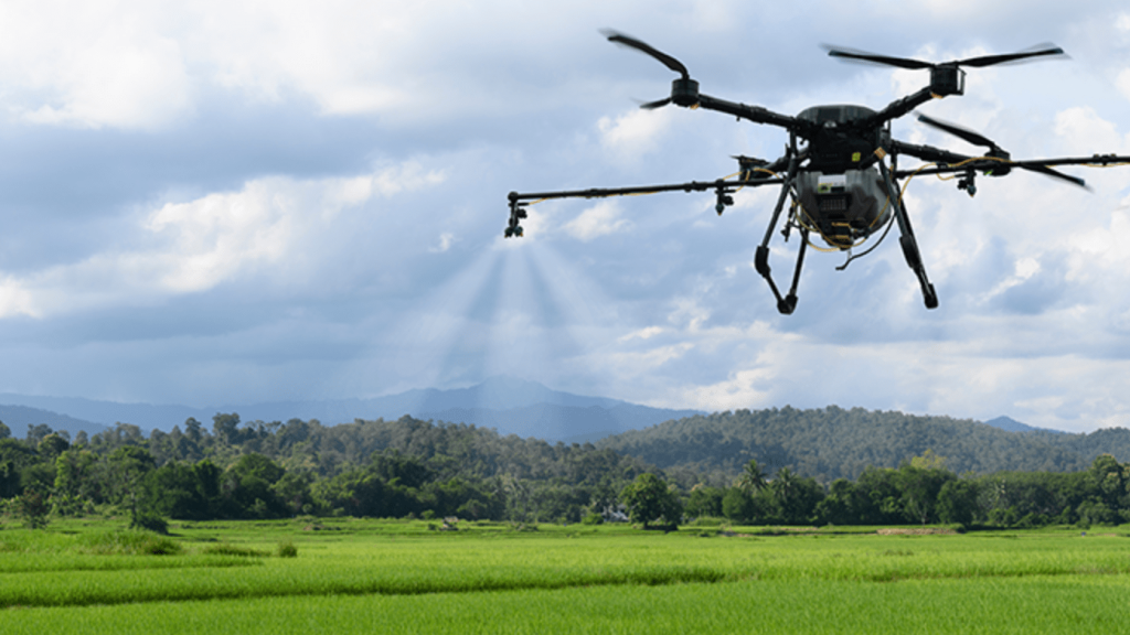 Drone surveying a crop field